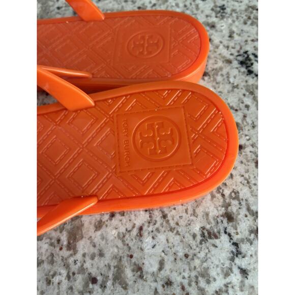 Tory Burch Jelly Bow Tie Gold Logo Flip Flops flats , Poppy Orange, Size 9 - Picture 8 of 10